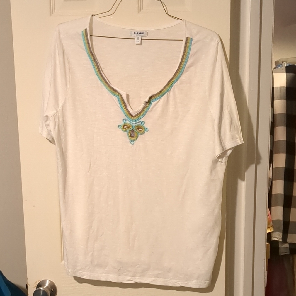 #87 Old Navy White Tee with Colorful Embroidery